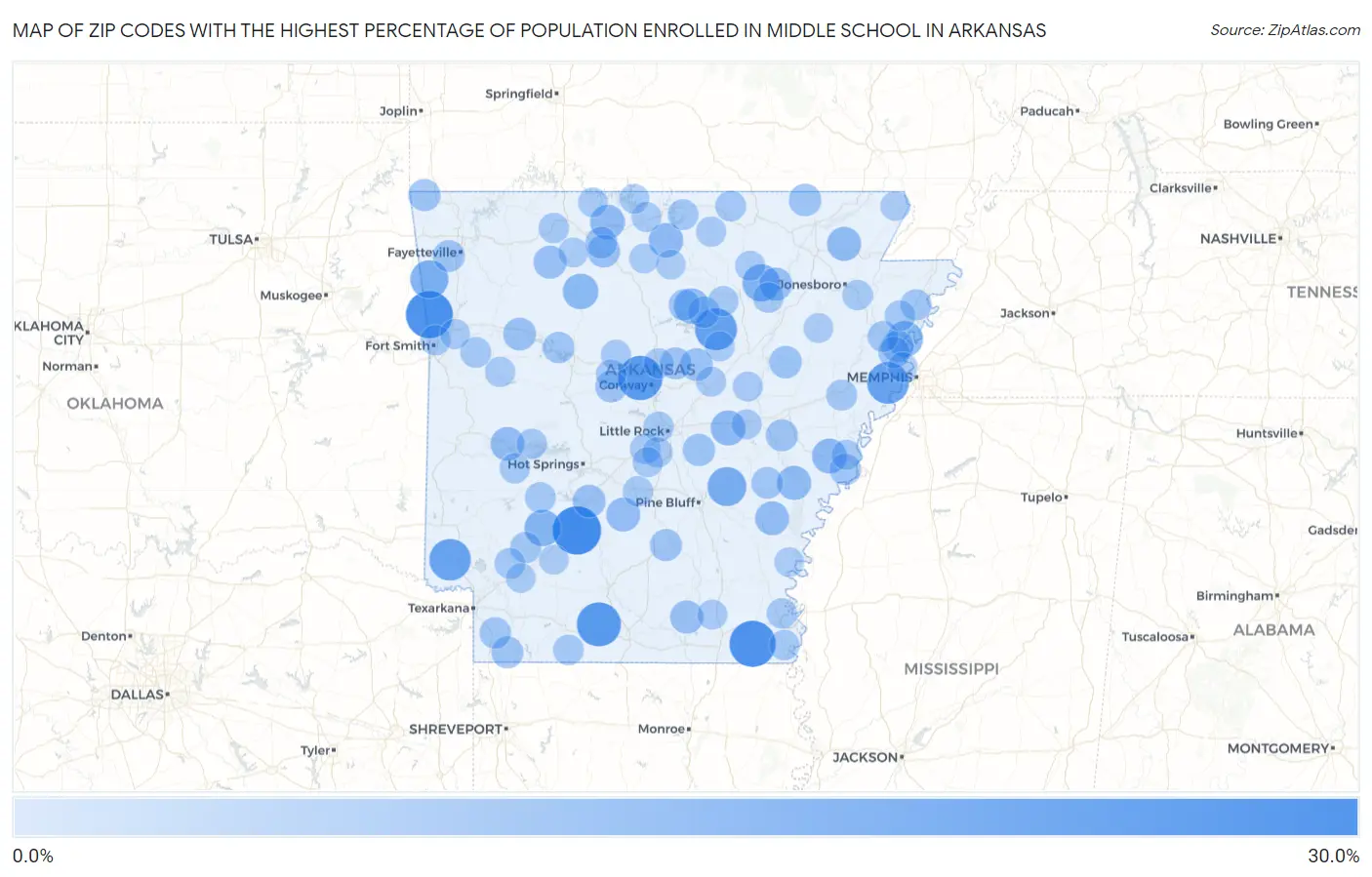 Zip Codes with the Highest Percentage of Population Enrolled in Middle School in Arkansas Map