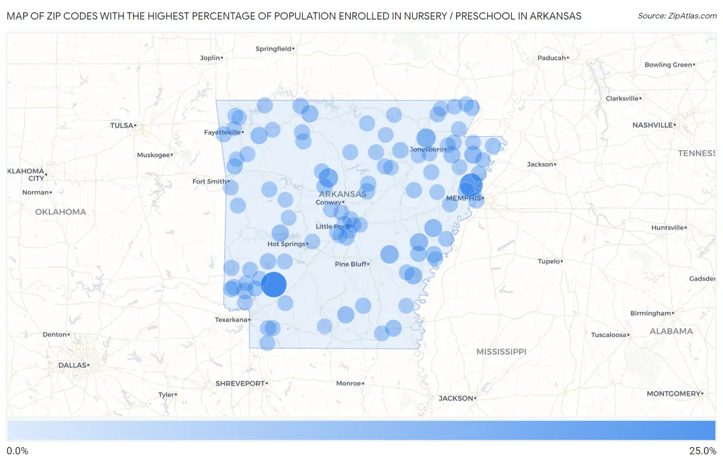 Zip Codes with the Highest Percentage of Population Enrolled in Nursery / Preschool in Arkansas Map
