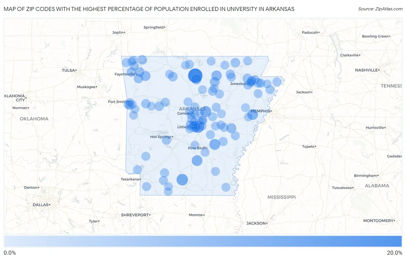 Zip Codes with the Highest Percentage of Population Enrolled in University in Arkansas Map