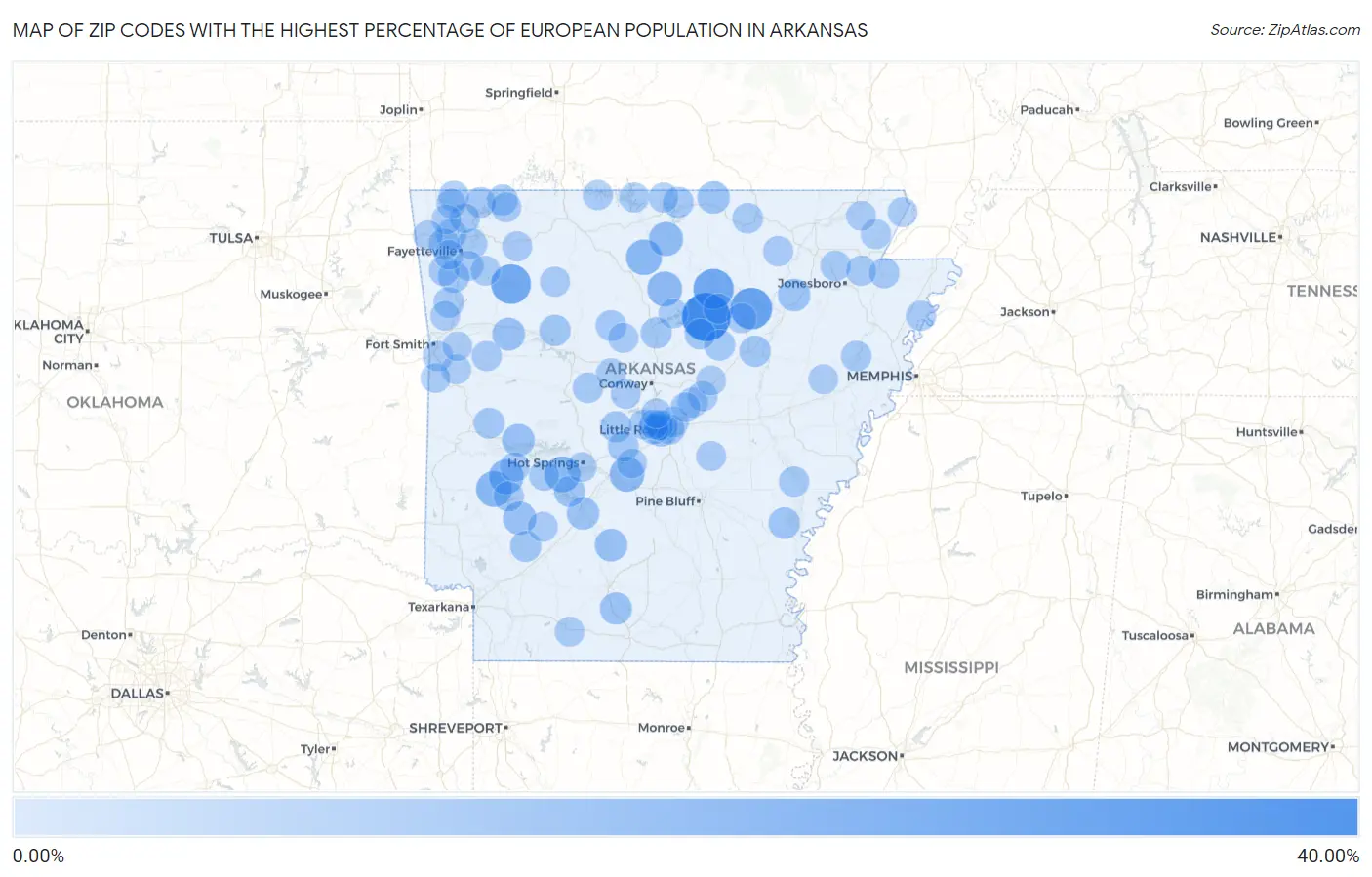 Zip Codes with the Highest Percentage of European Population in Arkansas Map