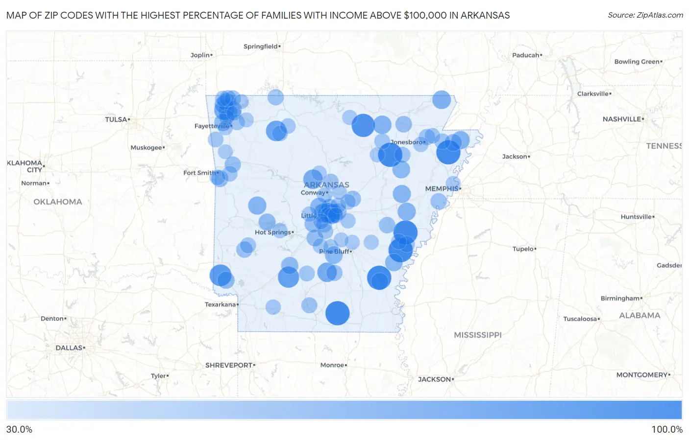 Zip Codes with the Highest Percentage of Families with Income Above $100,000 in Arkansas Map
