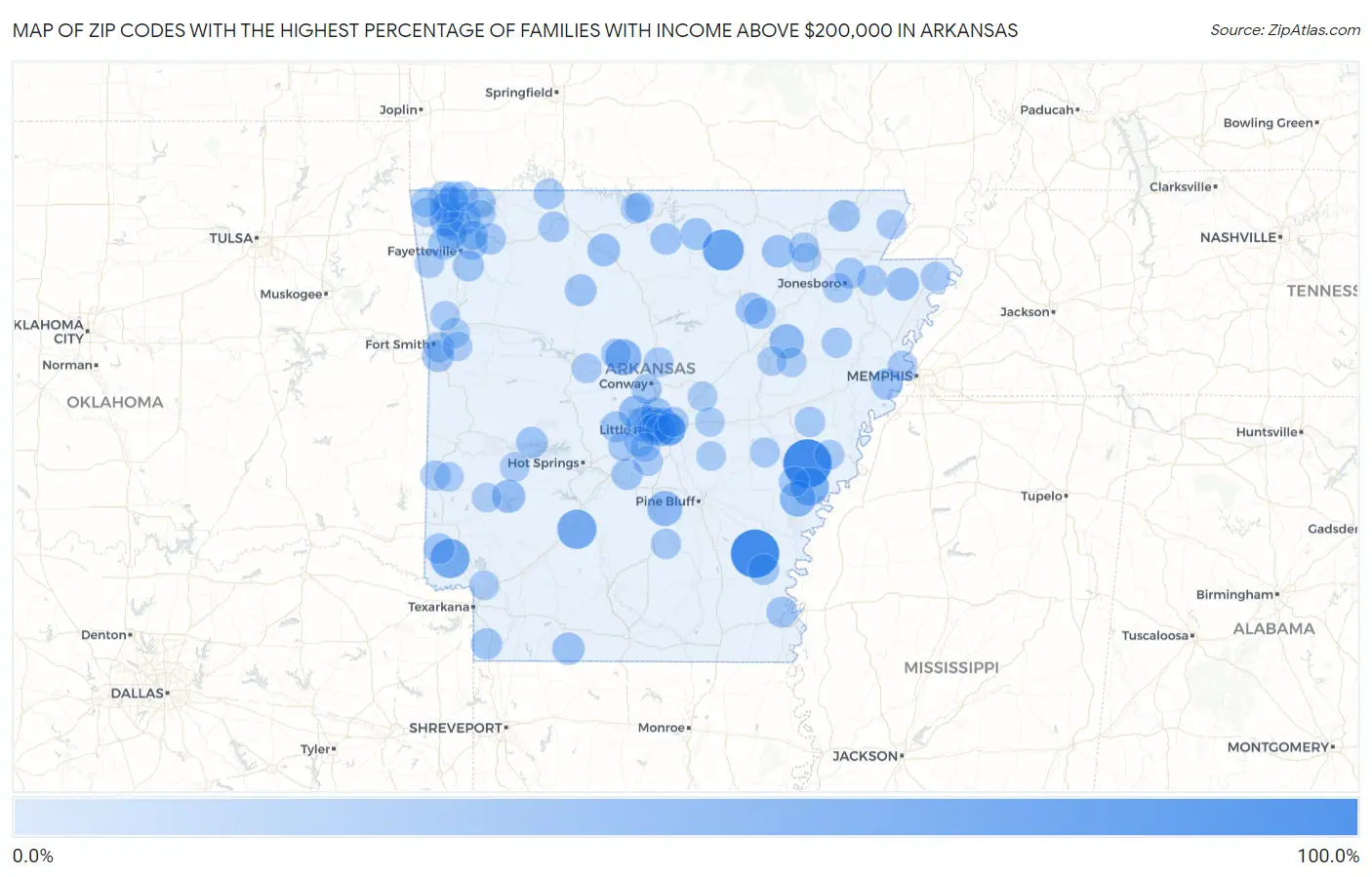 Zip Codes with the Highest Percentage of Families with Income Above $200,000 in Arkansas Map