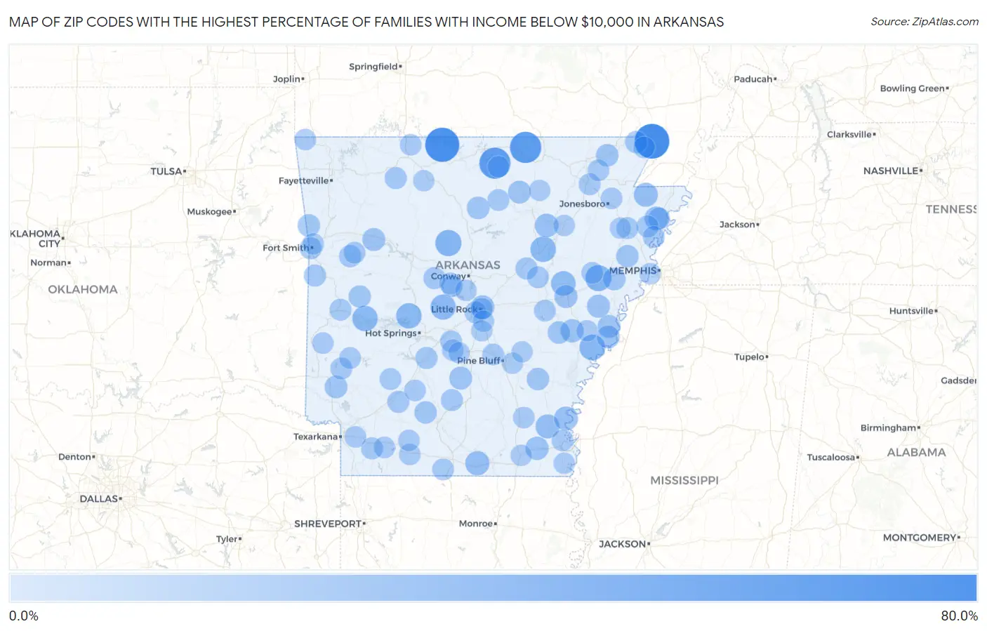 Zip Codes with the Highest Percentage of Families with Income Below $10,000 in Arkansas Map