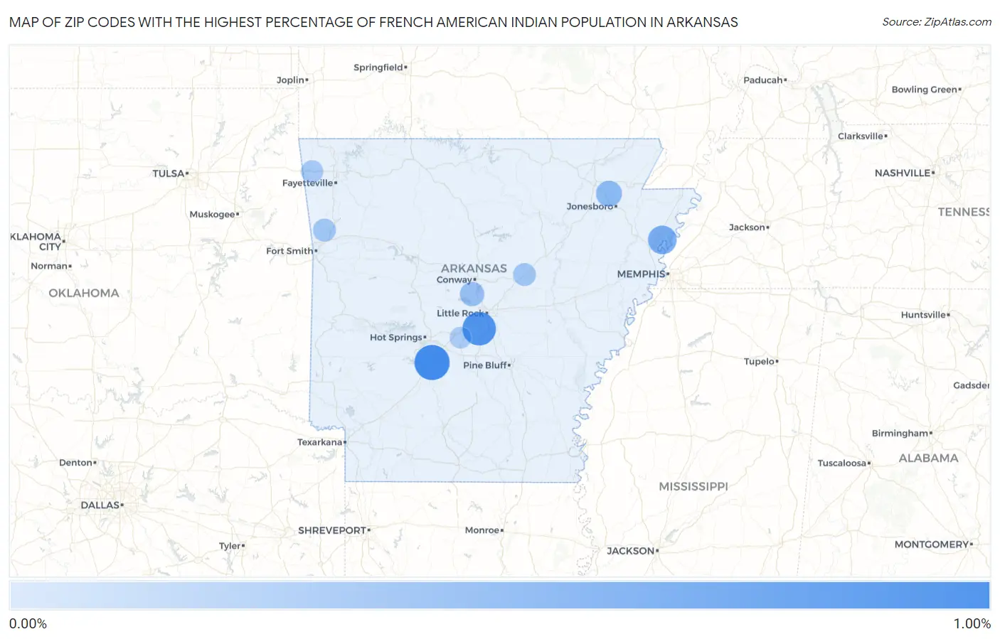 Zip Codes with the Highest Percentage of French American Indian Population in Arkansas Map