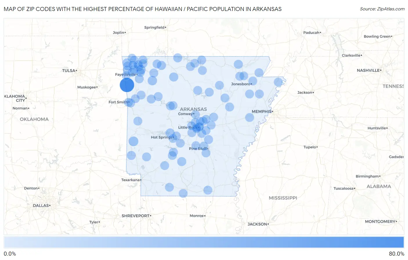 Zip Codes with the Highest Percentage of Hawaiian / Pacific Population in Arkansas Map