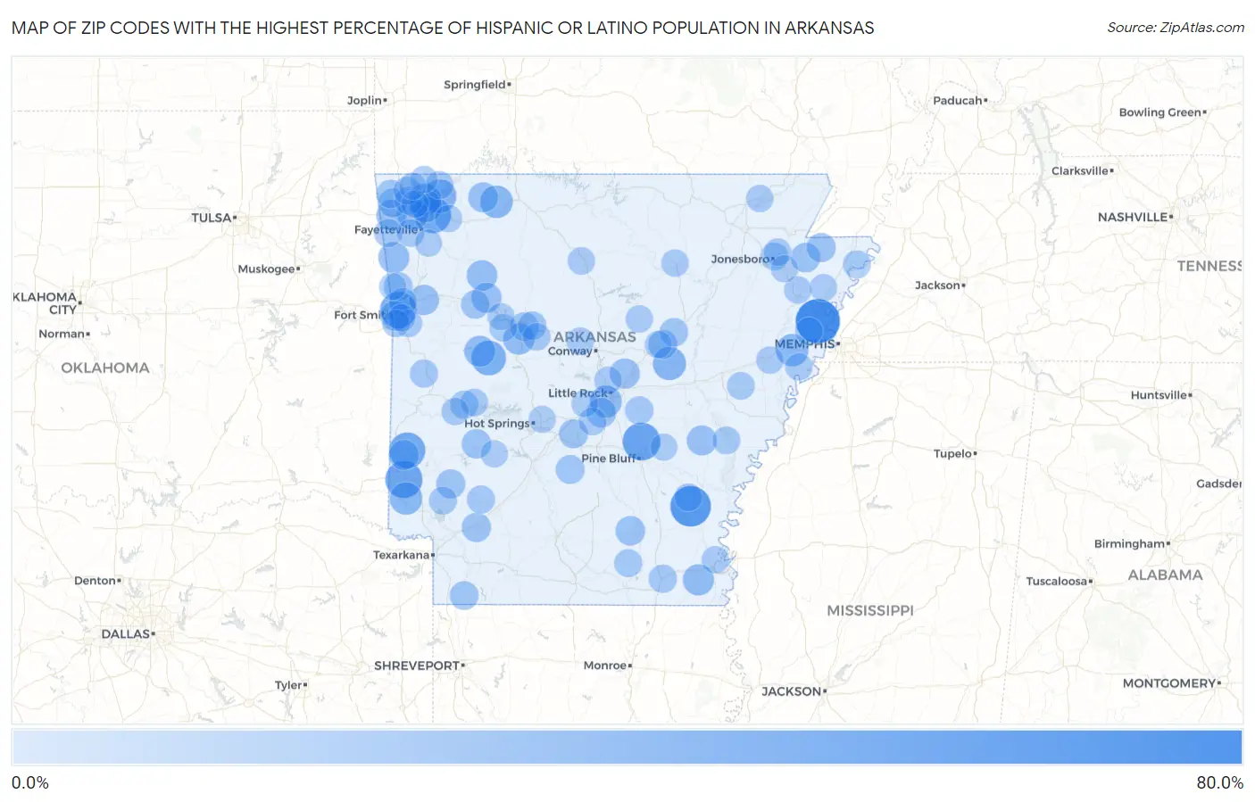 Zip Codes with the Highest Percentage of Hispanic or Latino Population in Arkansas Map