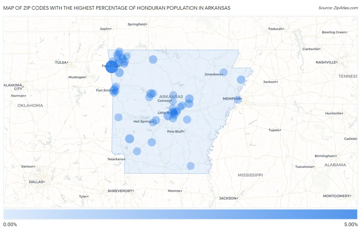 Zip Codes with the Highest Percentage of Honduran Population in Arkansas Map