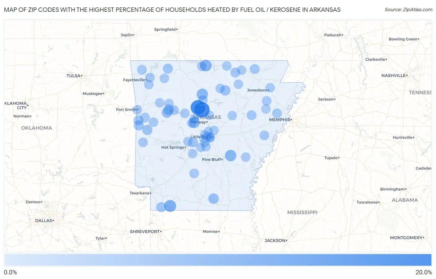 Zip Codes with the Highest Percentage of Households Heated by Fuel Oil / Kerosene in Arkansas Map