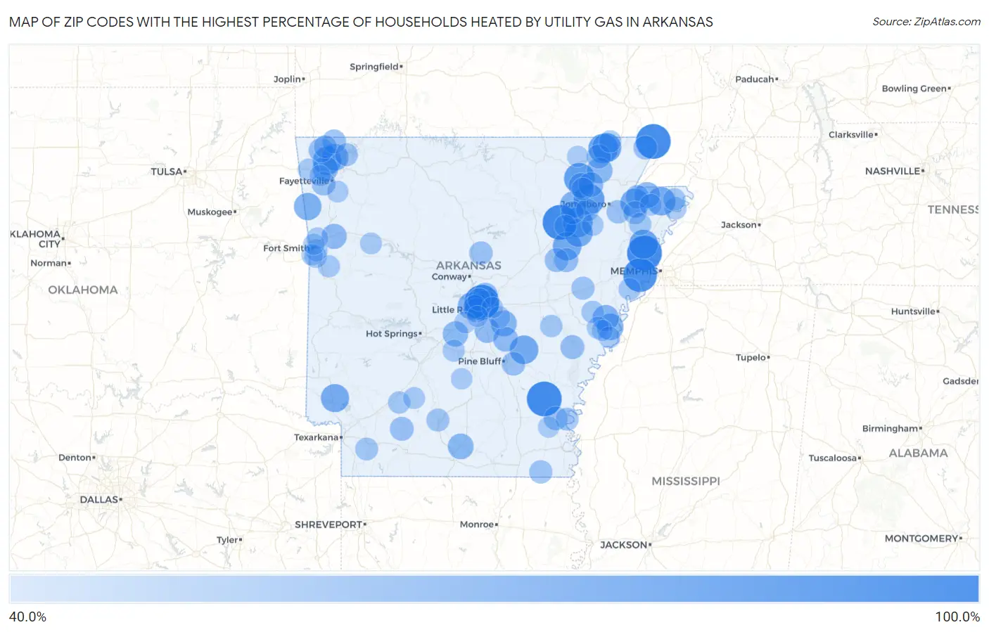 Zip Codes with the Highest Percentage of Households Heated by Utility Gas in Arkansas Map