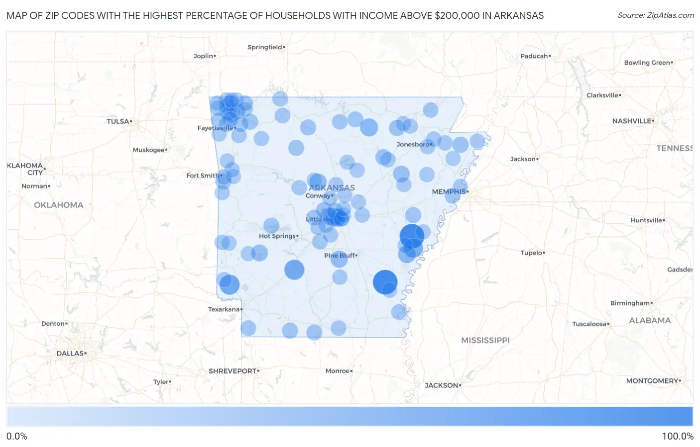 Zip Codes with the Highest Percentage of Households with Income Above $200,000 in Arkansas Map
