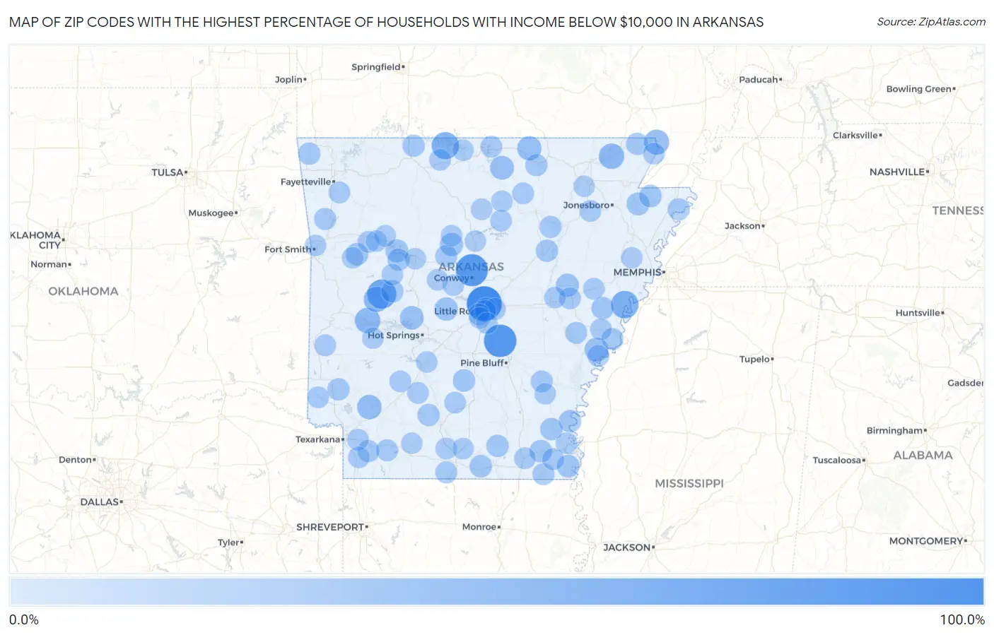 Zip Codes with the Highest Percentage of Households with Income Below $10,000 in Arkansas Map