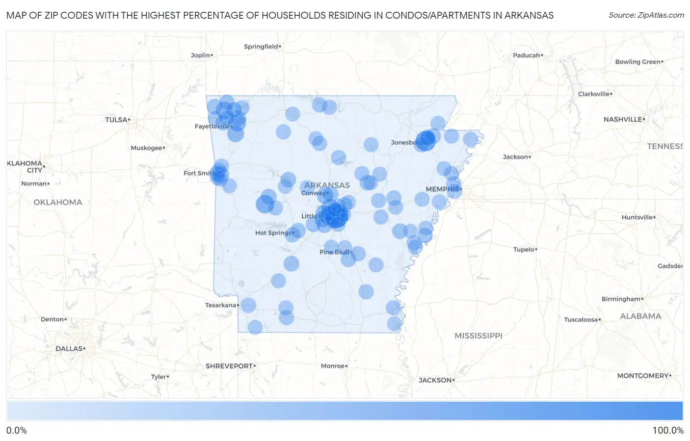 Zip Codes with the Highest Percentage of Households Residing in Condos/Apartments in Arkansas Map