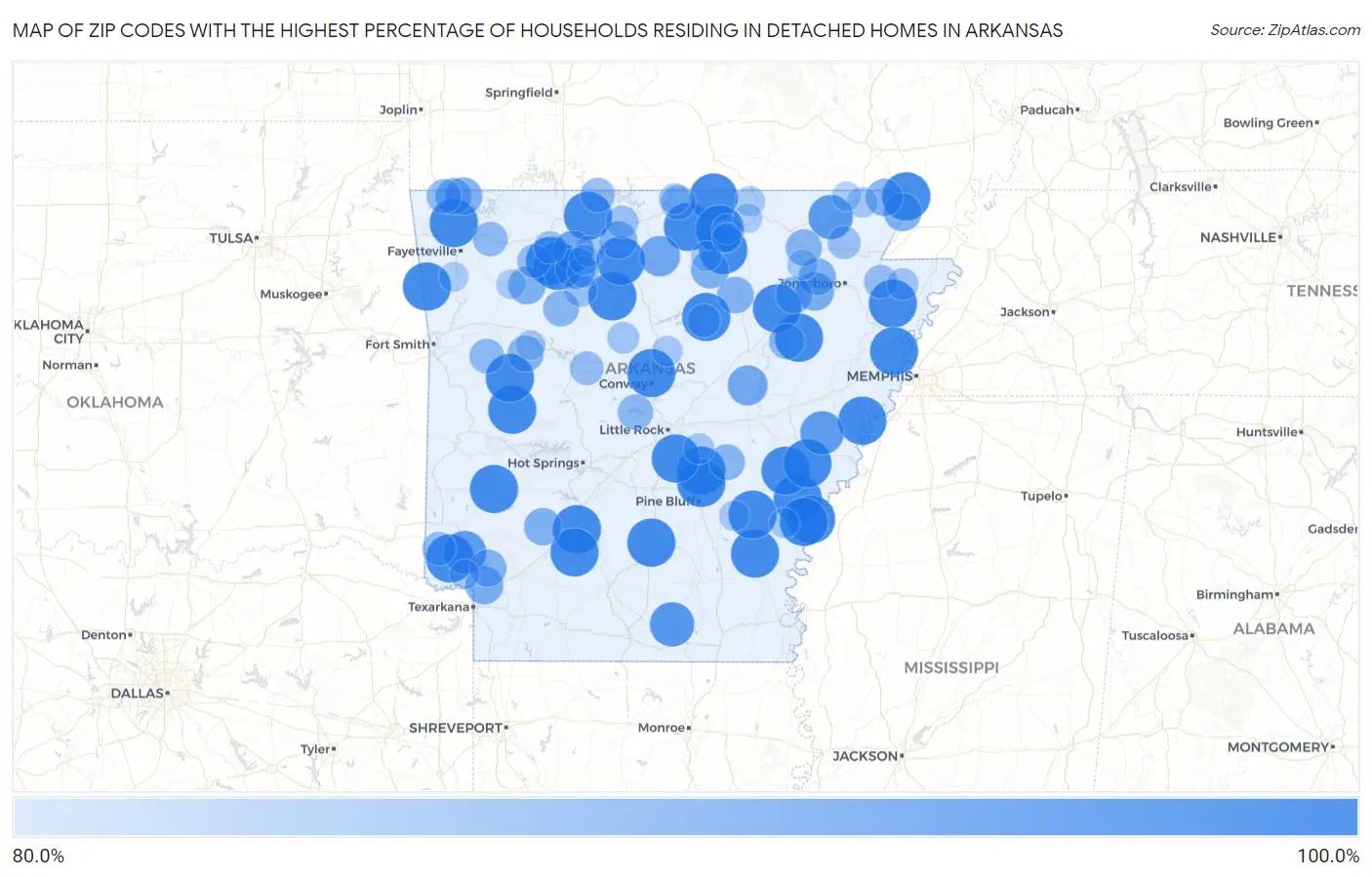 Zip Codes with the Highest Percentage of Households Residing in Detached Homes in Arkansas Map