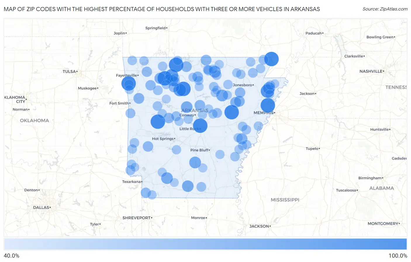 Zip Codes with the Highest Percentage of Households With Three or more Vehicles in Arkansas Map