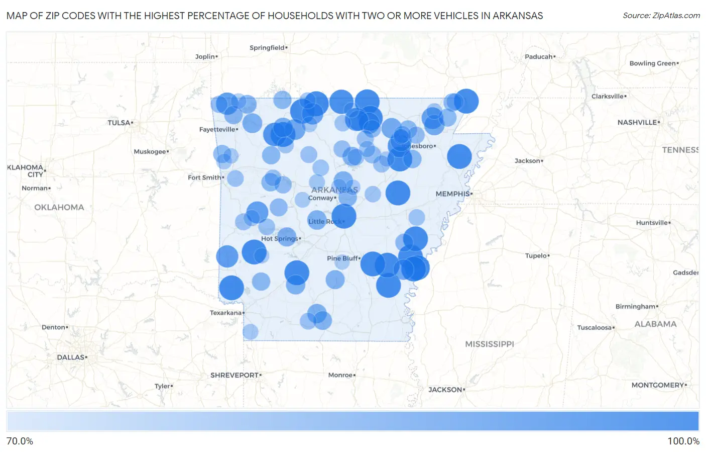 Zip Codes with the Highest Percentage of Households With Two or more Vehicles in Arkansas Map