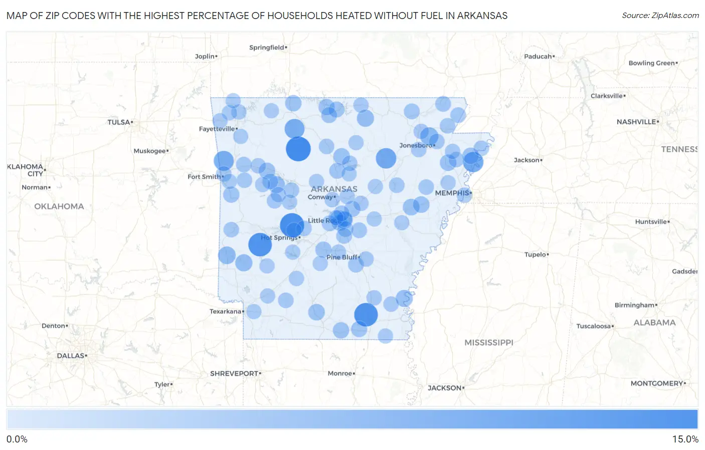 Zip Codes with the Highest Percentage of Households Heated without Fuel in Arkansas Map