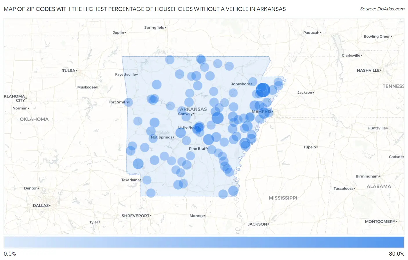 Zip Codes with the Highest Percentage of Households Without a Vehicle in Arkansas Map