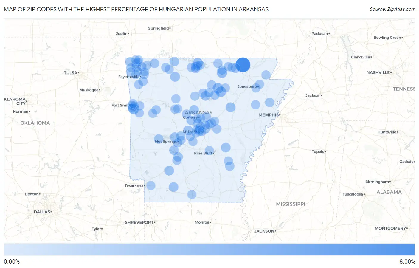 Zip Codes with the Highest Percentage of Hungarian Population in Arkansas Map