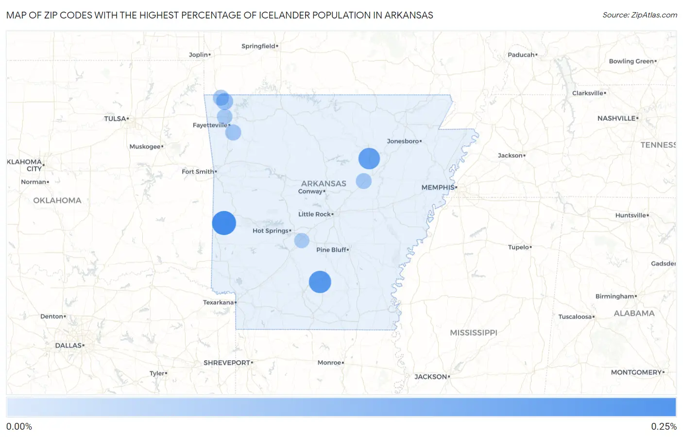 Zip Codes with the Highest Percentage of Icelander Population in Arkansas Map
