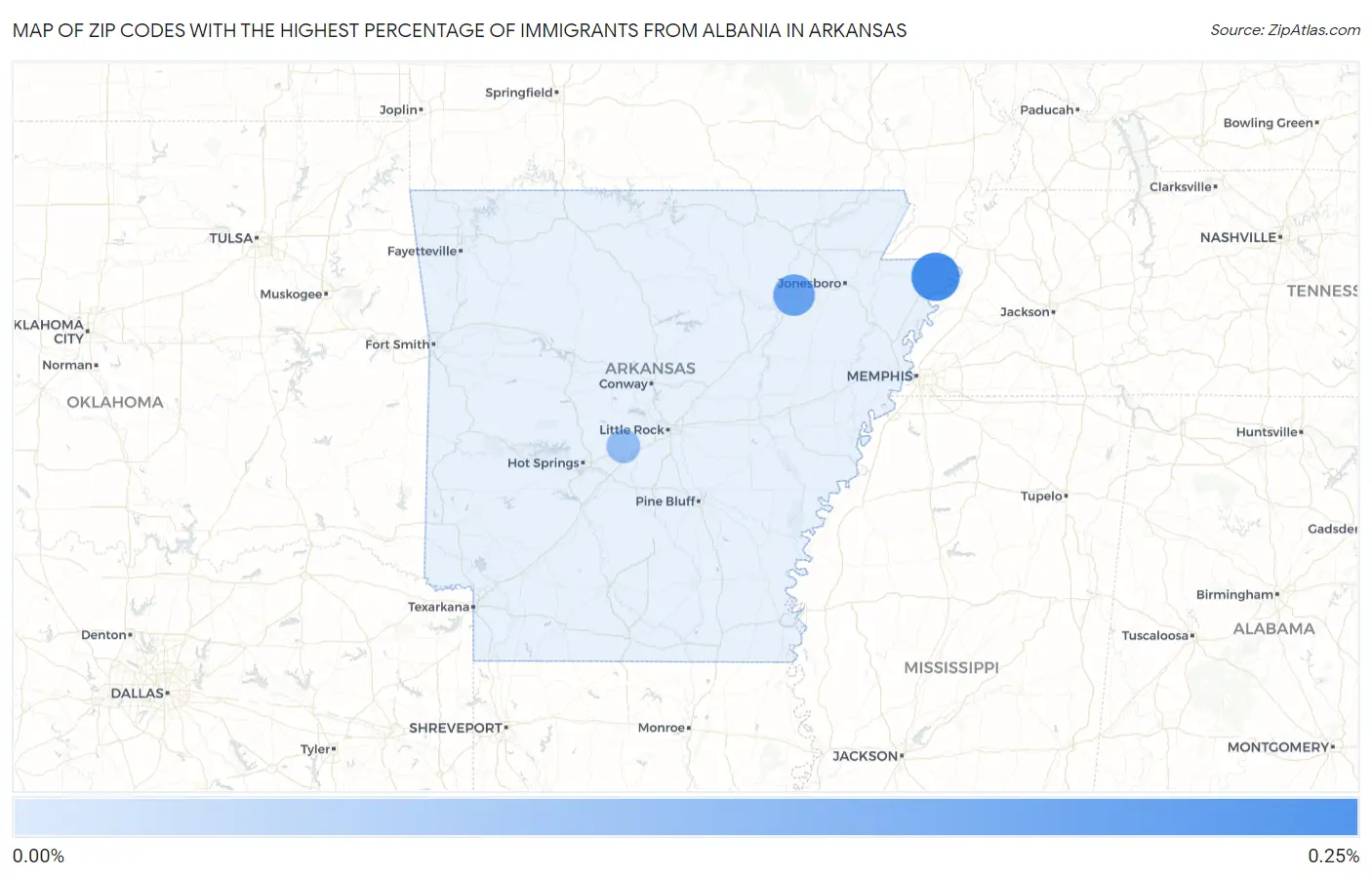 Zip Codes with the Highest Percentage of Immigrants from Albania in Arkansas Map