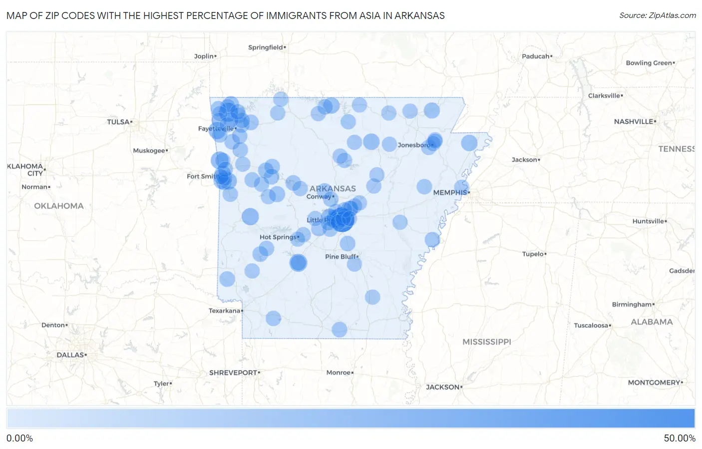 Zip Codes with the Highest Percentage of Immigrants from Asia in Arkansas Map