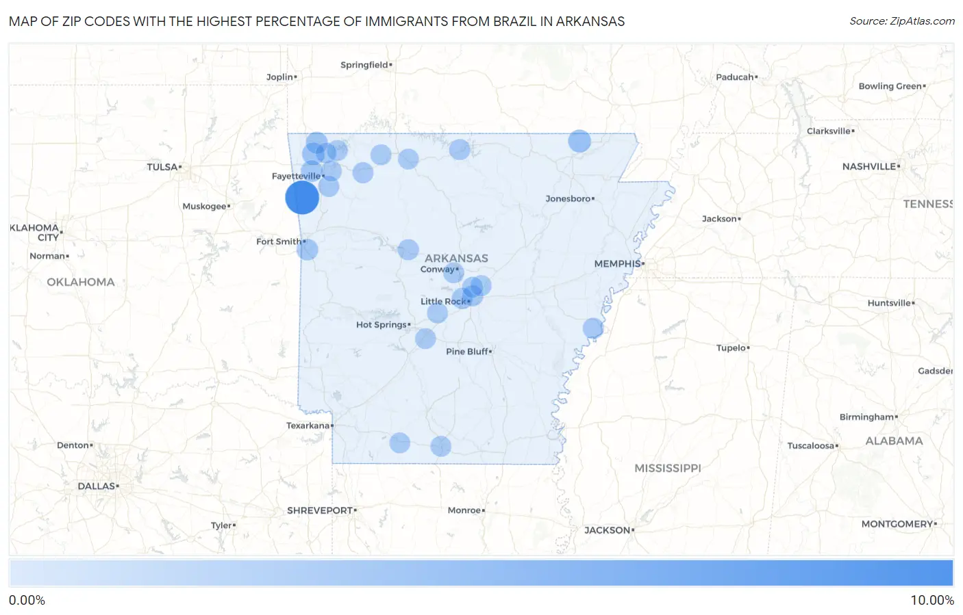 Zip Codes with the Highest Percentage of Immigrants from Brazil in Arkansas Map