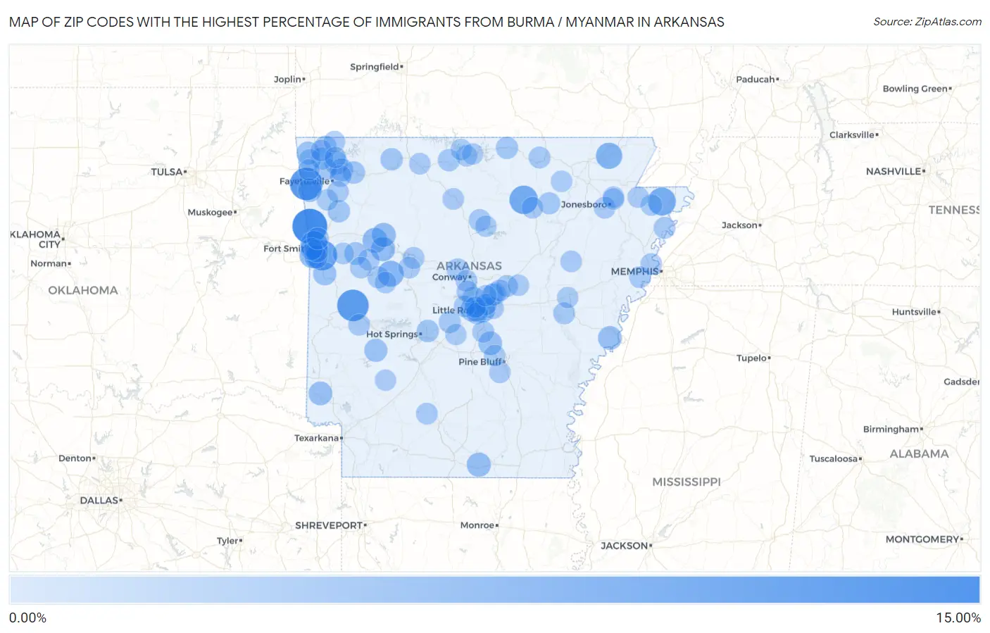 Zip Codes with the Highest Percentage of Immigrants from Burma / Myanmar in Arkansas Map