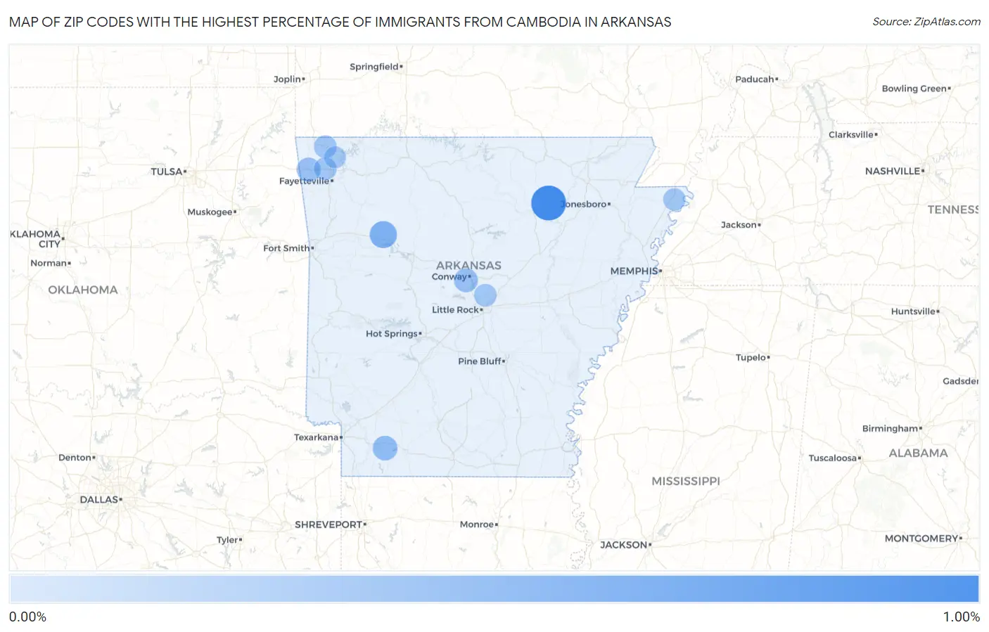 Zip Codes with the Highest Percentage of Immigrants from Cambodia in Arkansas Map