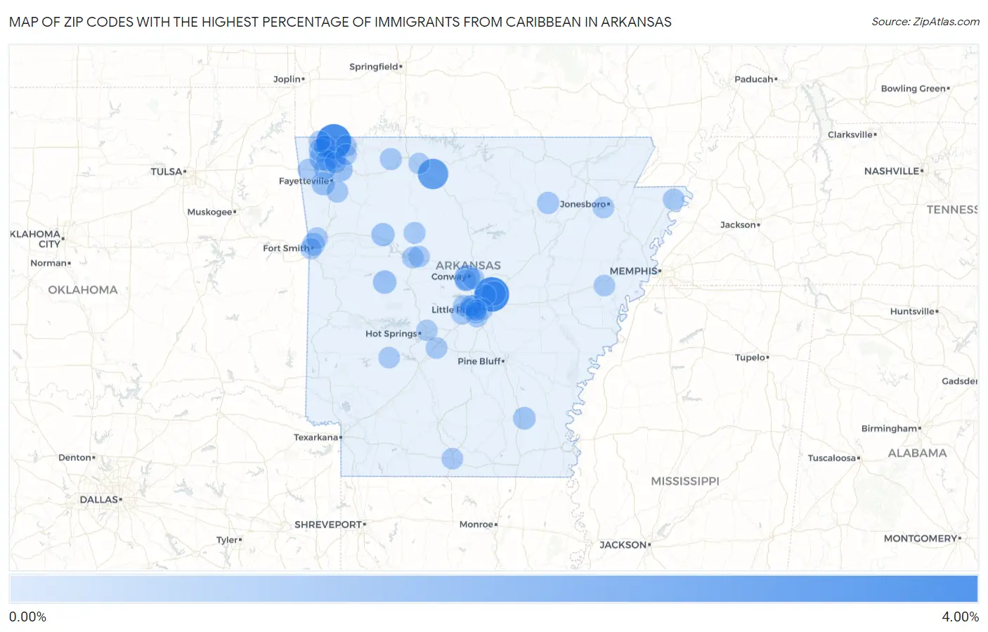 Zip Codes with the Highest Percentage of Immigrants from Caribbean in Arkansas Map