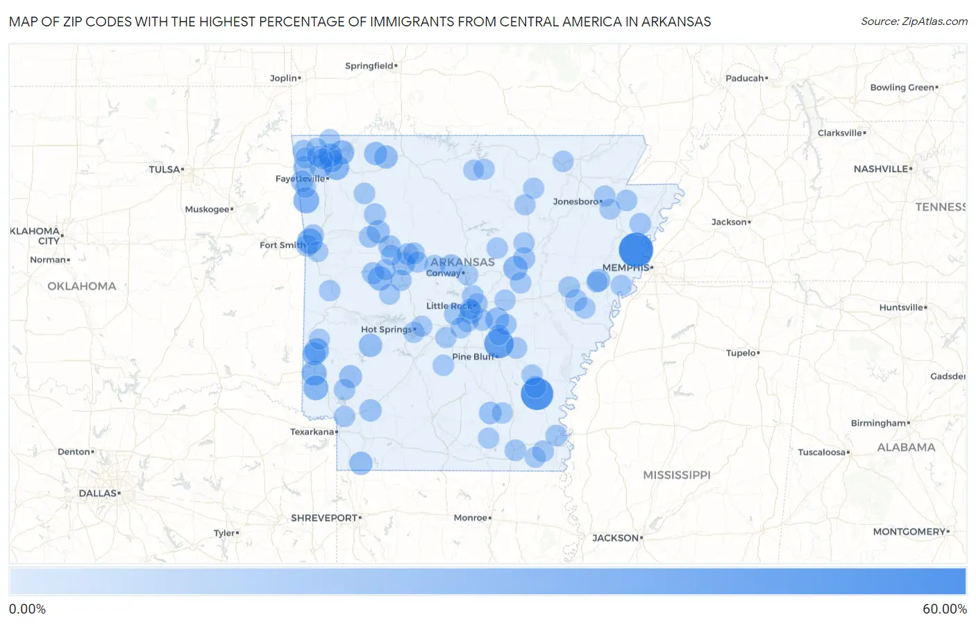 Zip Codes with the Highest Percentage of Immigrants from Central America in Arkansas Map