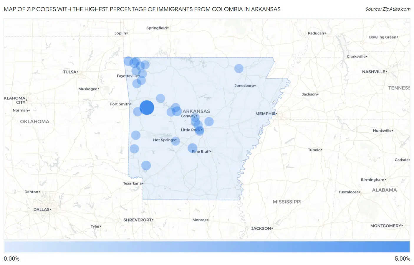Zip Codes with the Highest Percentage of Immigrants from Colombia in Arkansas Map