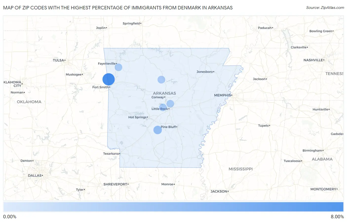 Zip Codes with the Highest Percentage of Immigrants from Denmark in Arkansas Map