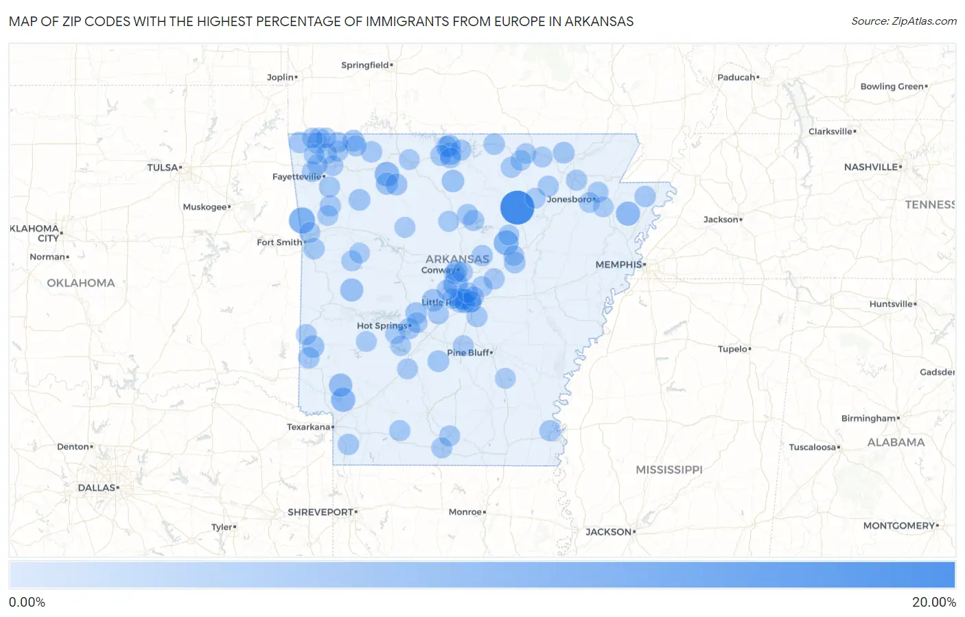 Zip Codes with the Highest Percentage of Immigrants from Europe in Arkansas Map