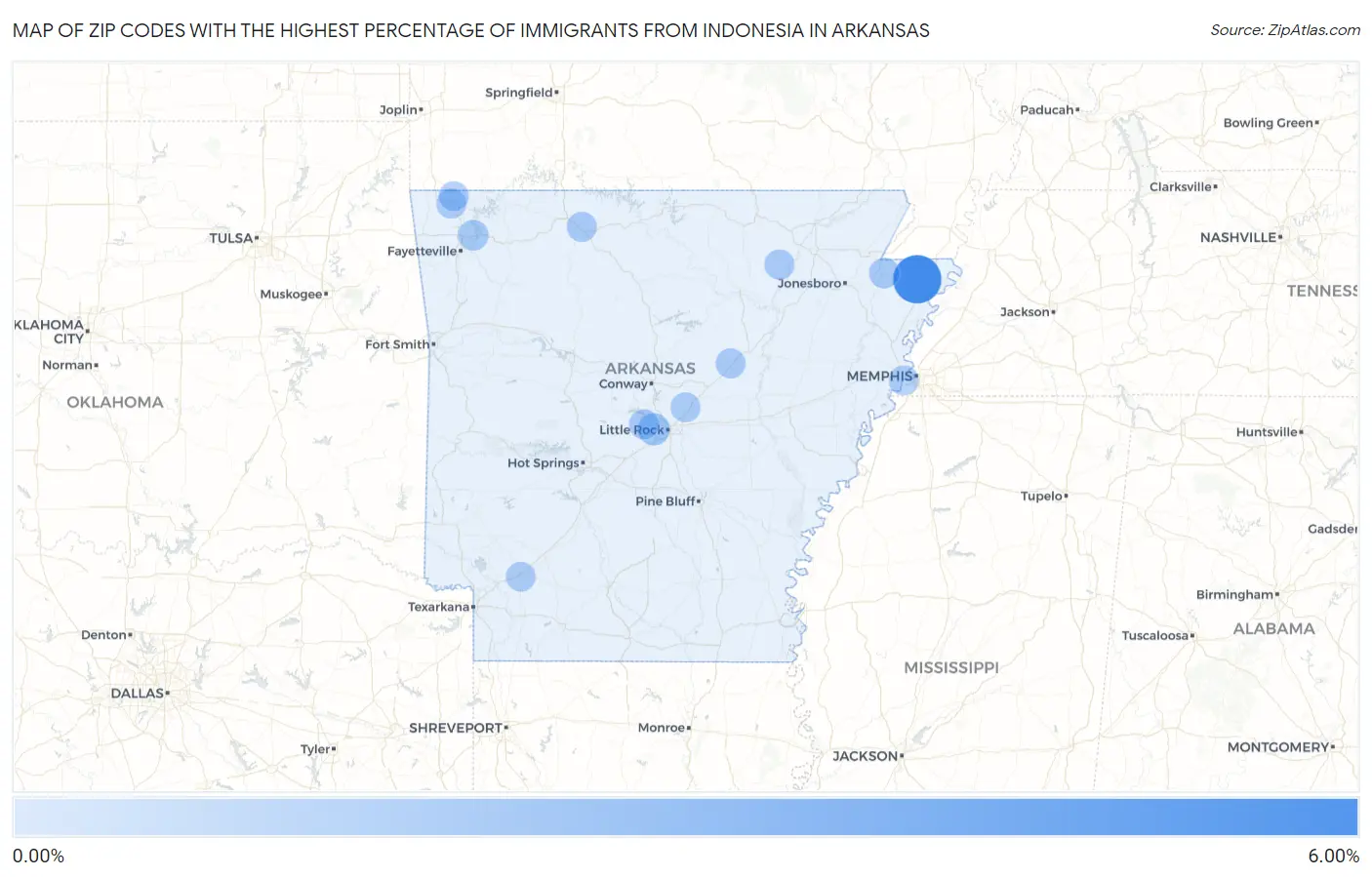 Zip Codes with the Highest Percentage of Immigrants from Indonesia in Arkansas Map