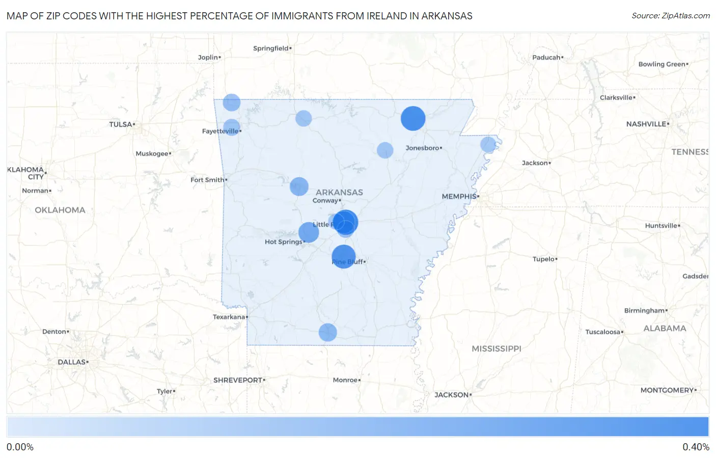 Zip Codes with the Highest Percentage of Immigrants from Ireland in Arkansas Map