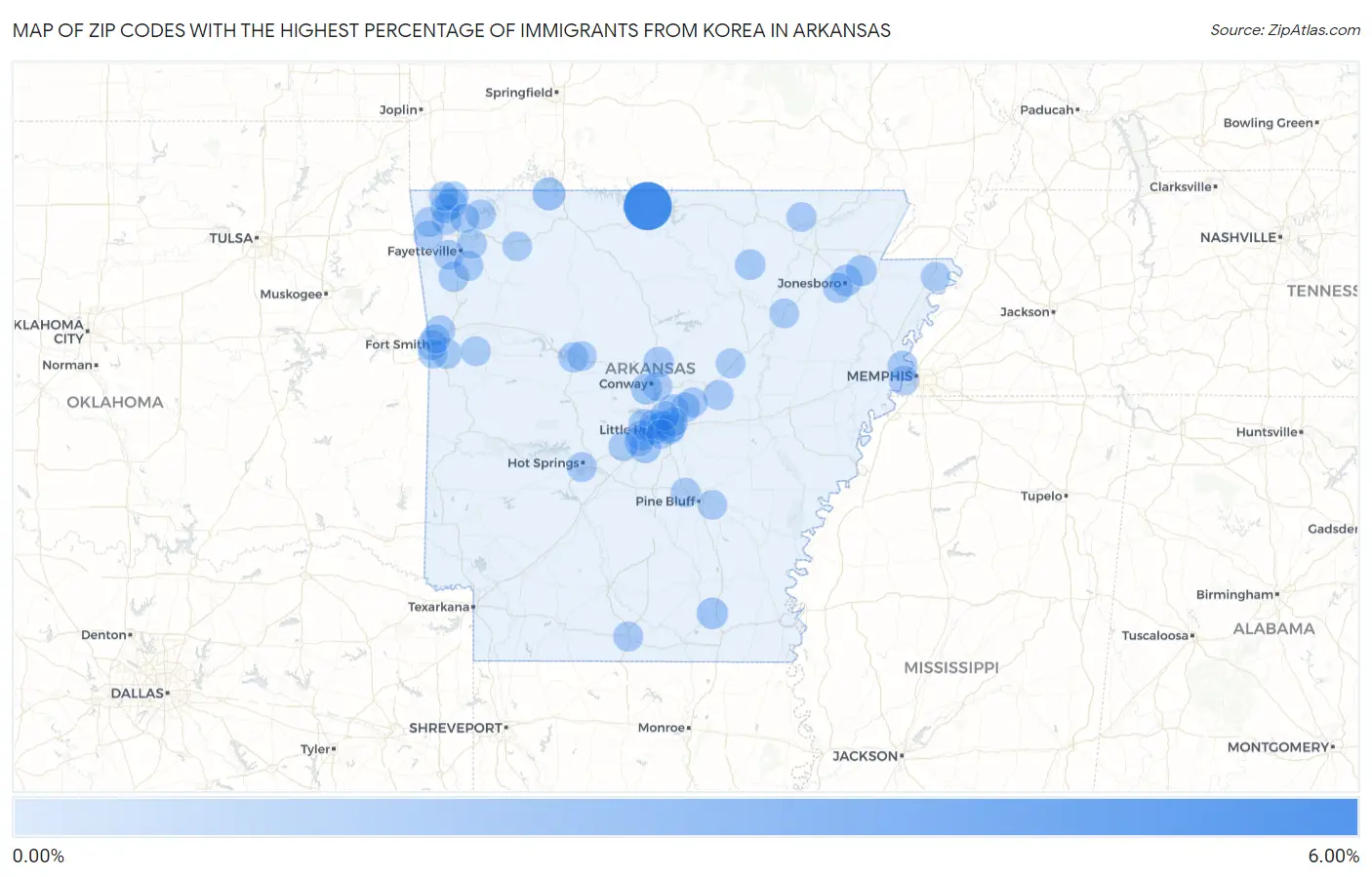Zip Codes with the Highest Percentage of Immigrants from Korea in Arkansas Map