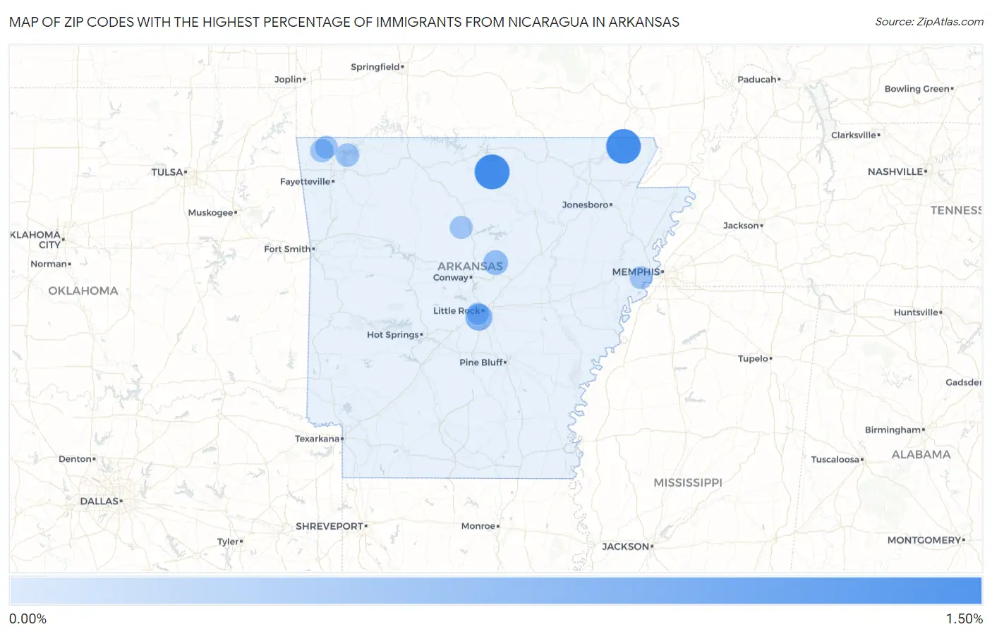 Zip Codes with the Highest Percentage of Immigrants from Nicaragua in Arkansas Map