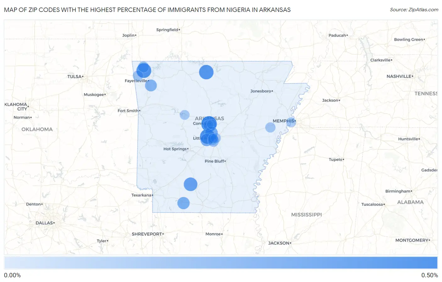 Zip Codes with the Highest Percentage of Immigrants from Nigeria in Arkansas Map