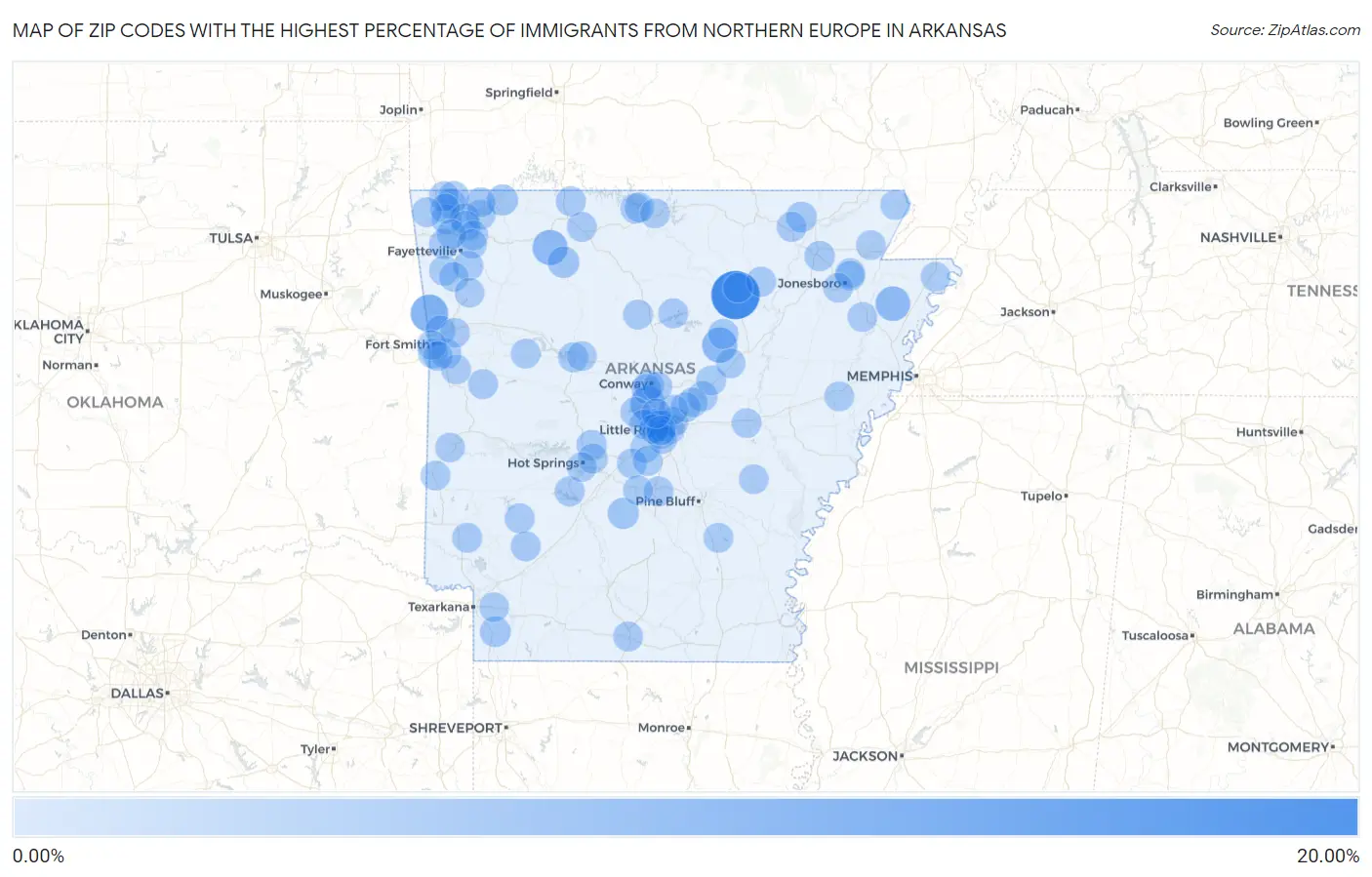 Zip Codes with the Highest Percentage of Immigrants from Northern Europe in Arkansas Map