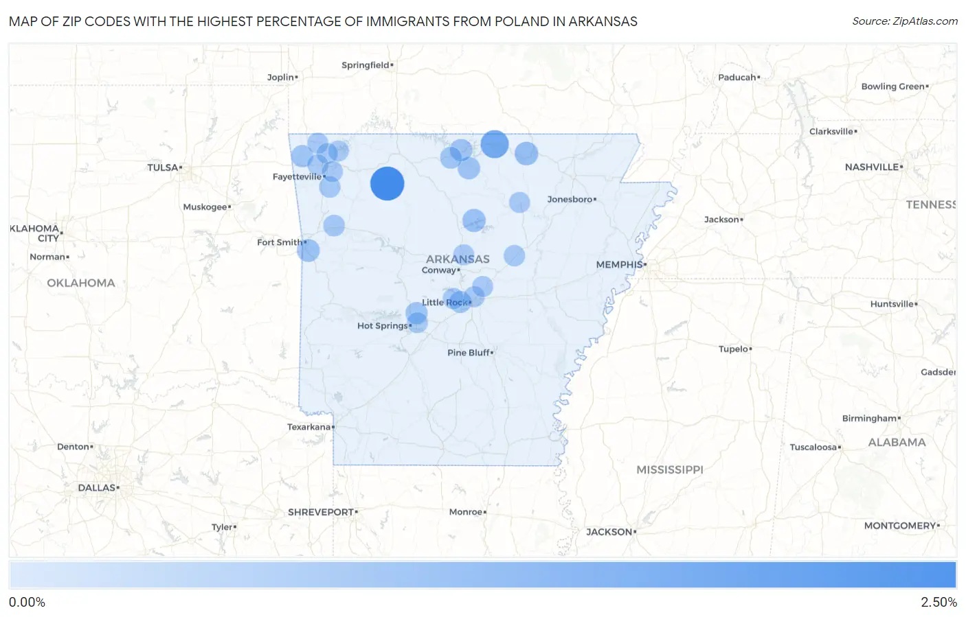 Zip Codes with the Highest Percentage of Immigrants from Poland in Arkansas Map
