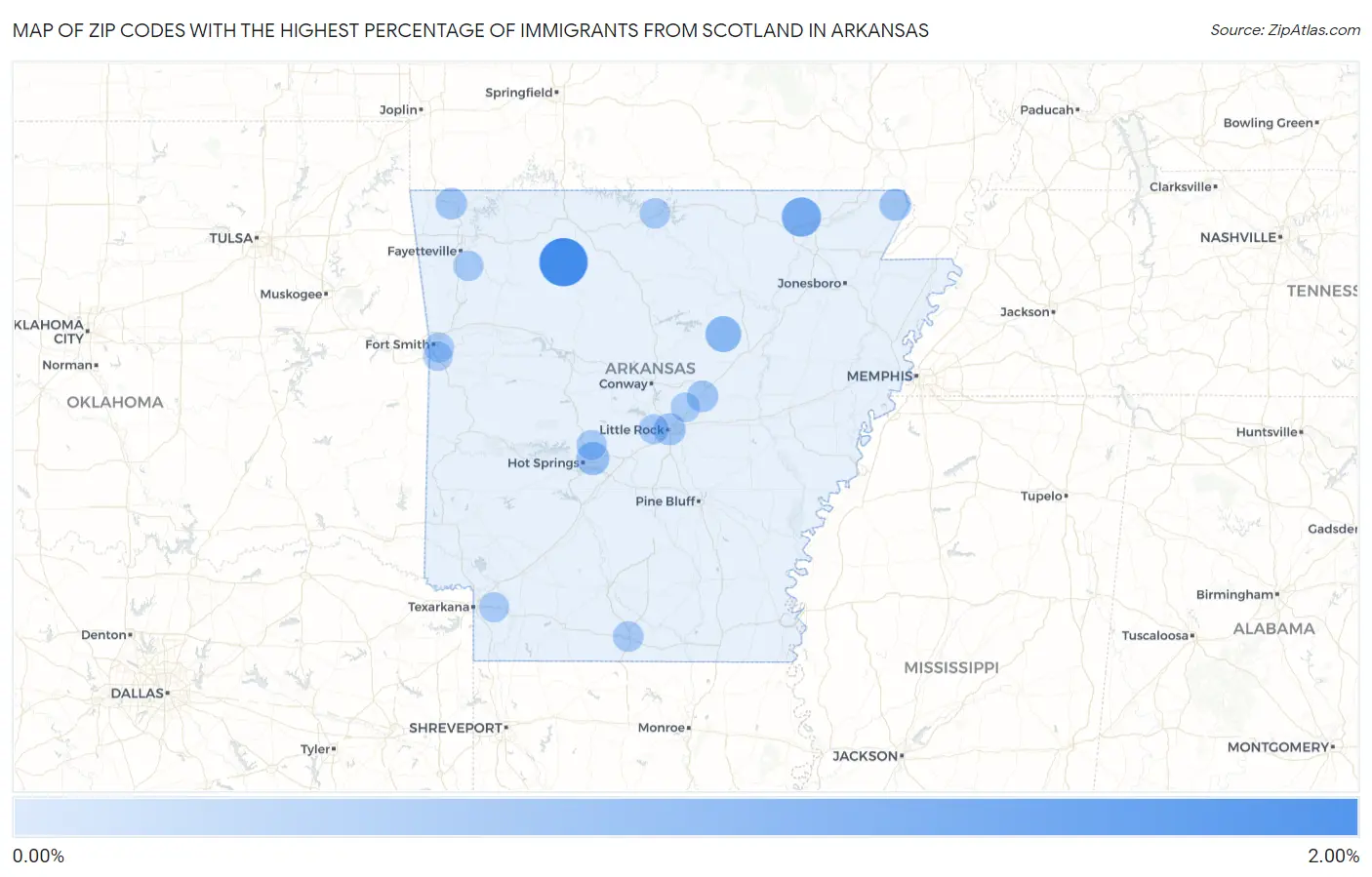 Zip Codes with the Highest Percentage of Immigrants from Scotland in Arkansas Map