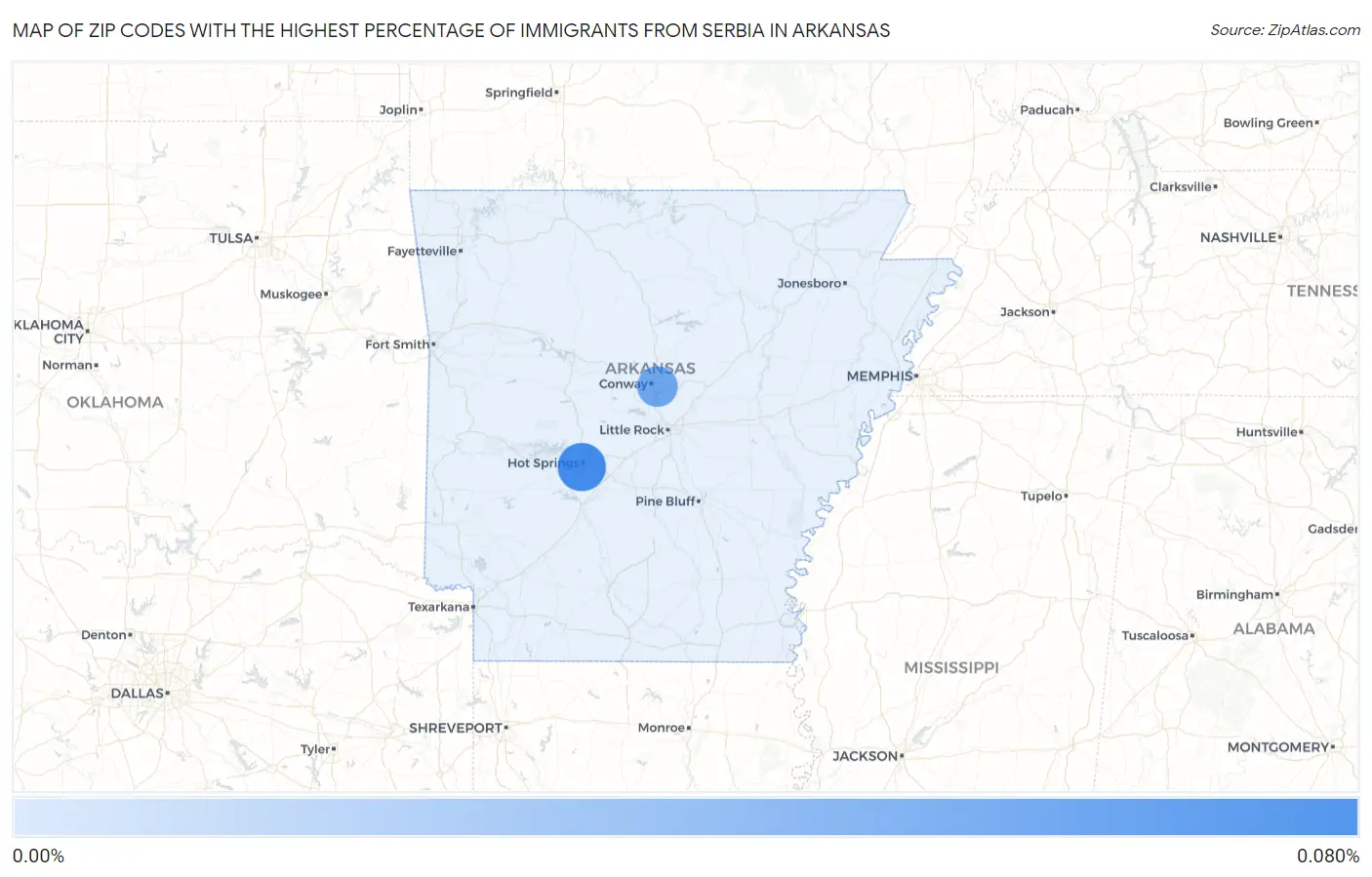 Zip Codes with the Highest Percentage of Immigrants from Serbia in Arkansas Map