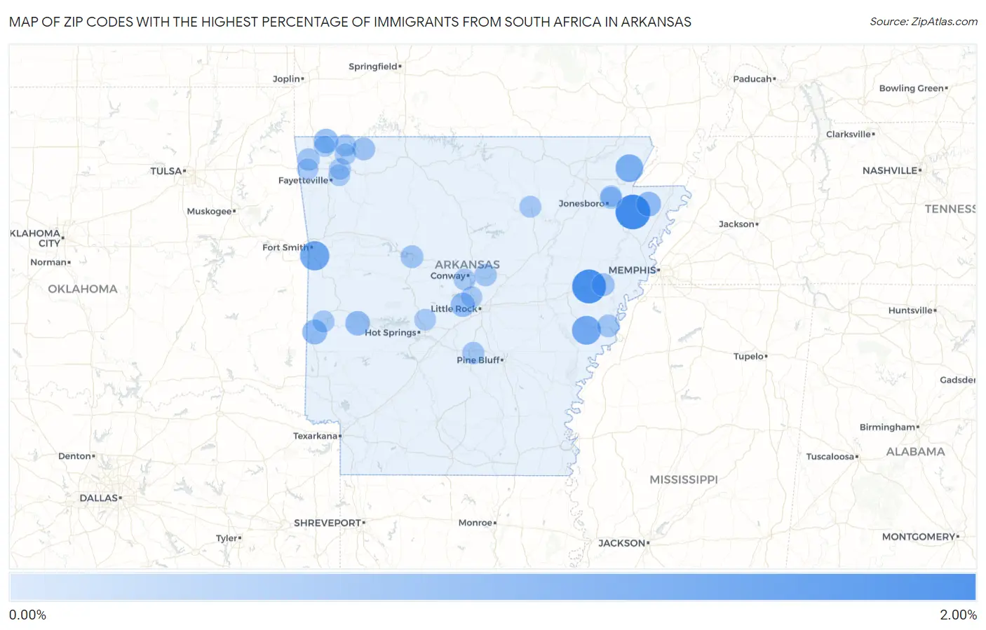 Zip Codes with the Highest Percentage of Immigrants from South Africa in Arkansas Map