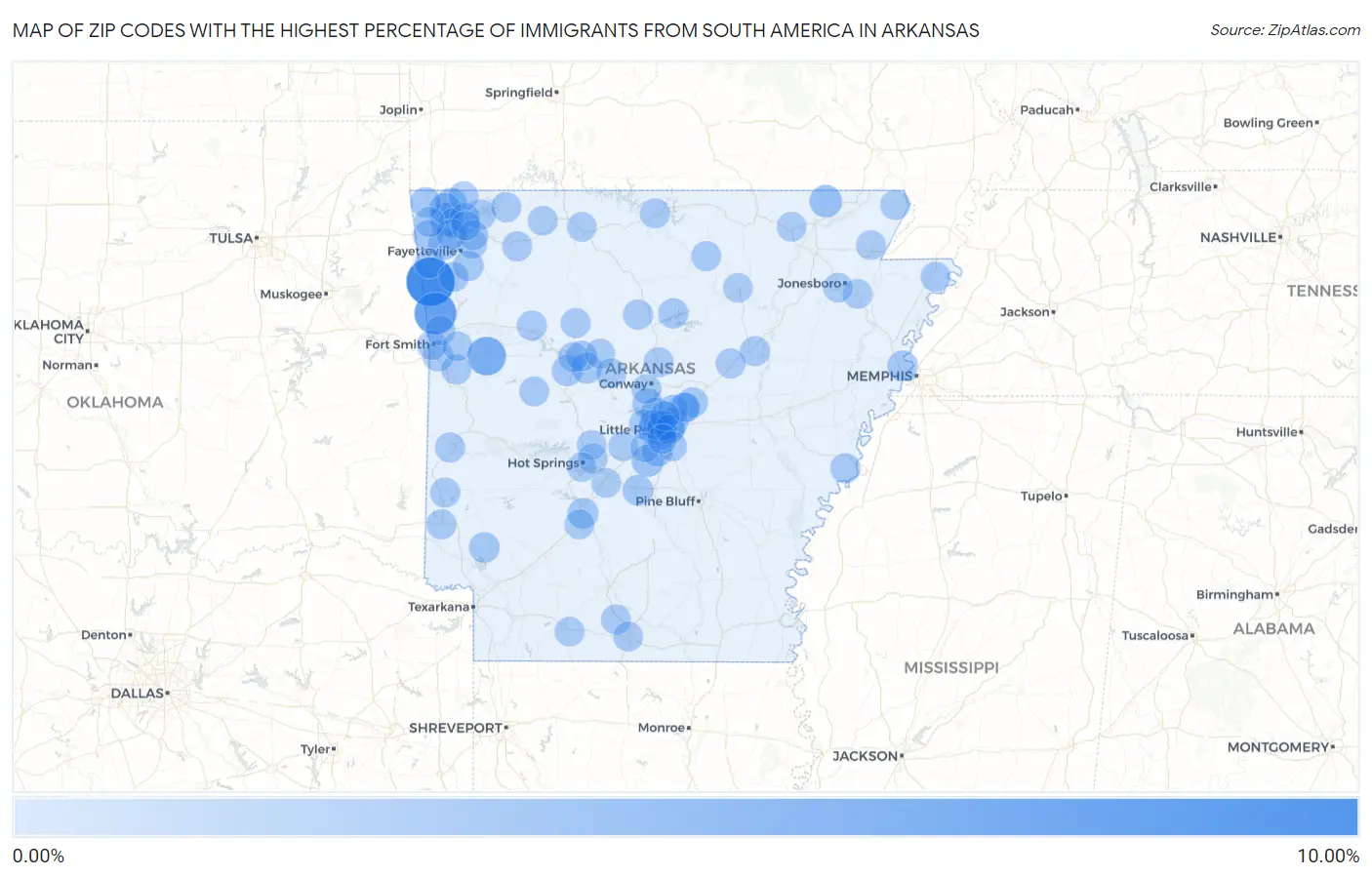 Zip Codes with the Highest Percentage of Immigrants from South America in Arkansas Map