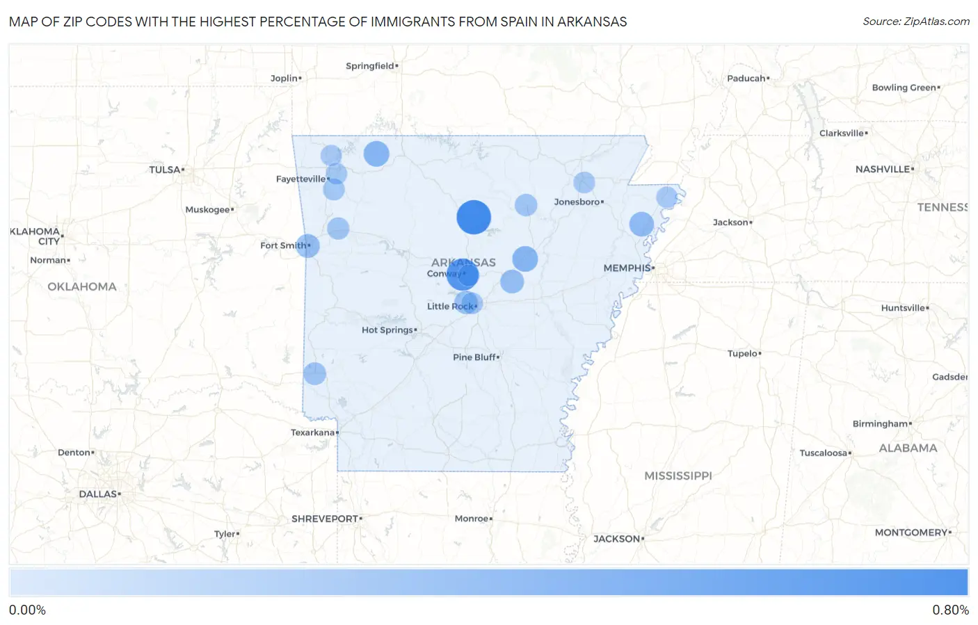 Zip Codes with the Highest Percentage of Immigrants from Spain in Arkansas Map