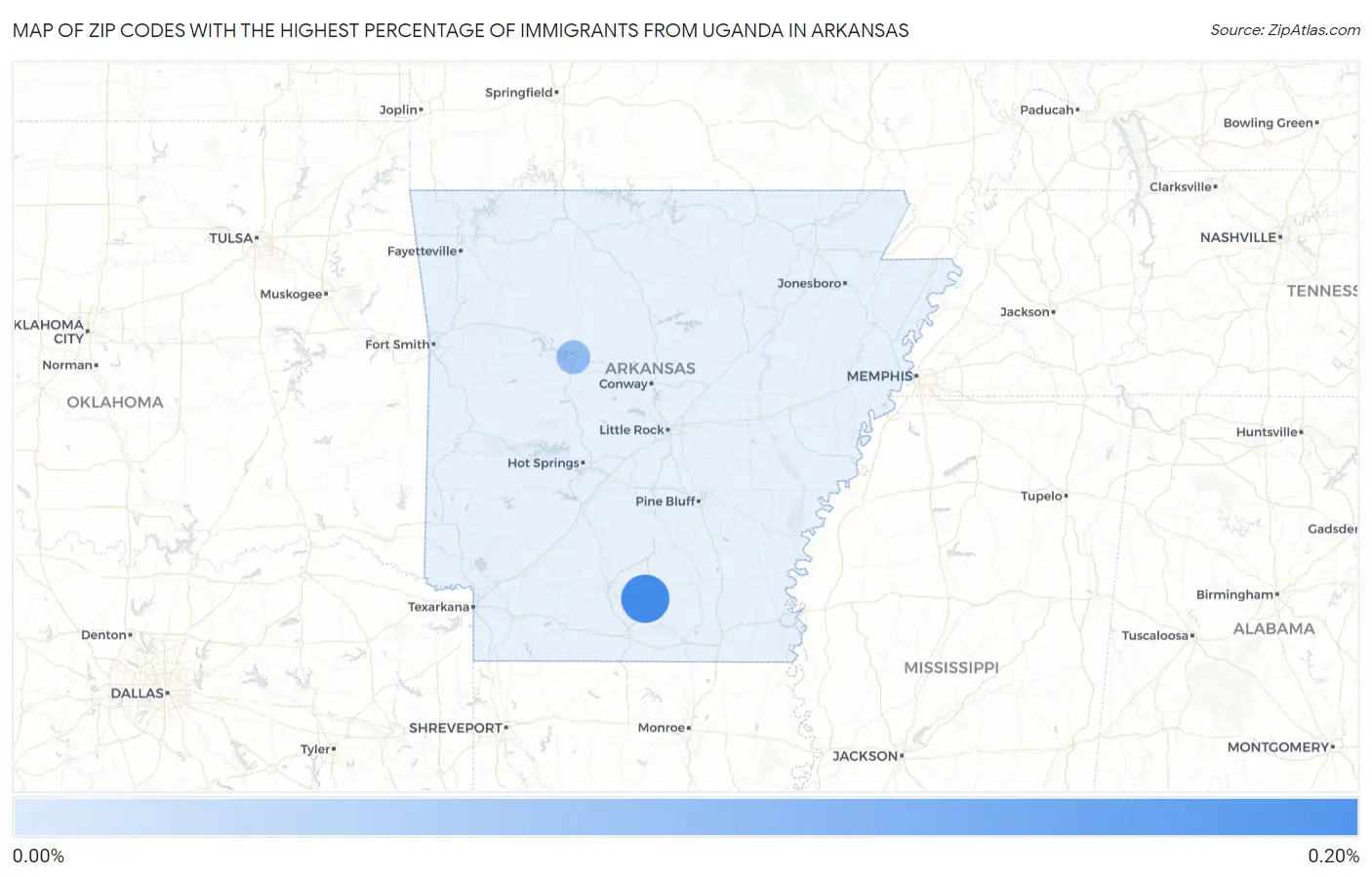 Zip Codes with the Highest Percentage of Immigrants from Uganda in Arkansas Map