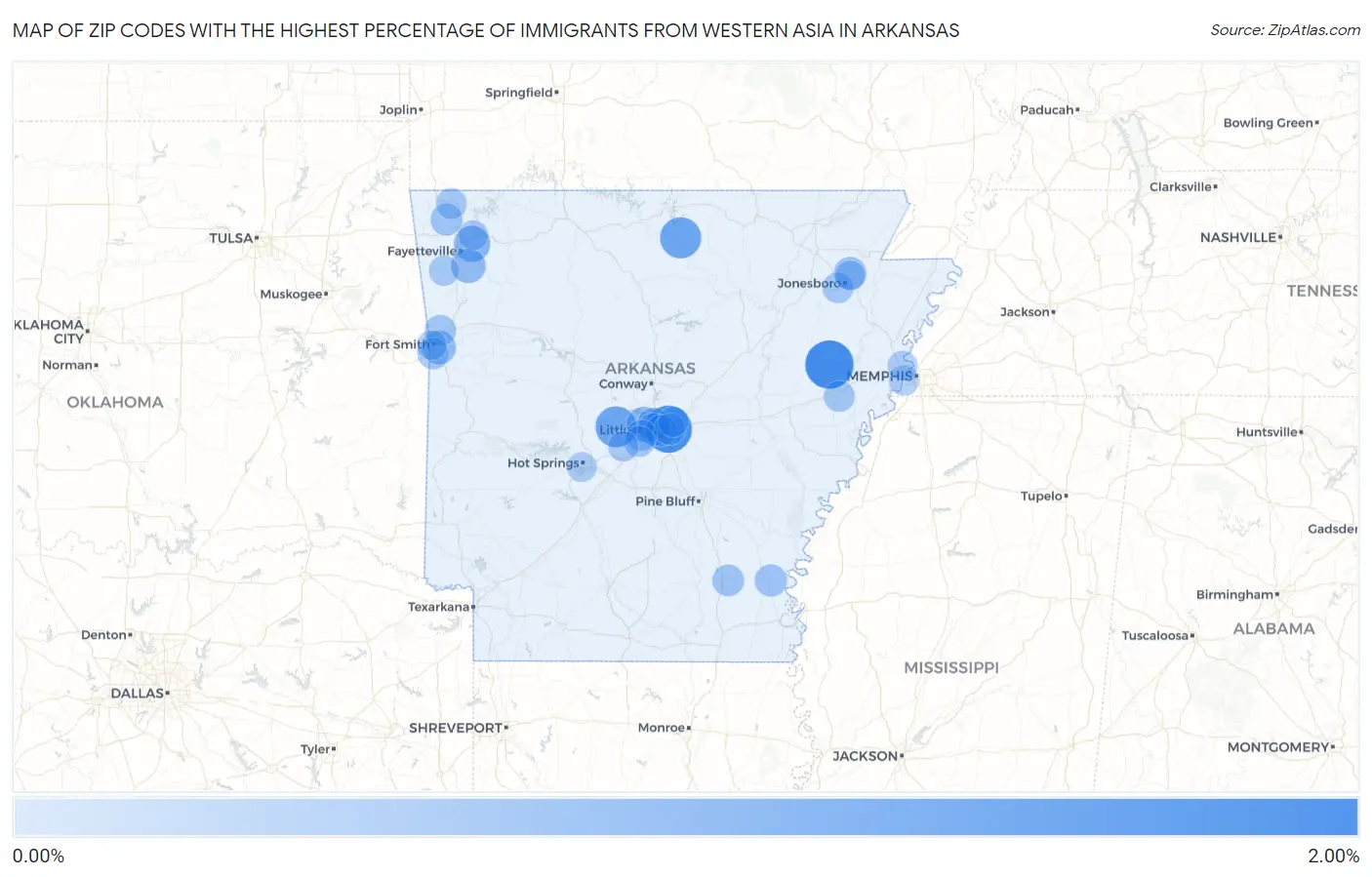 Zip Codes with the Highest Percentage of Immigrants from Western Asia in Arkansas Map