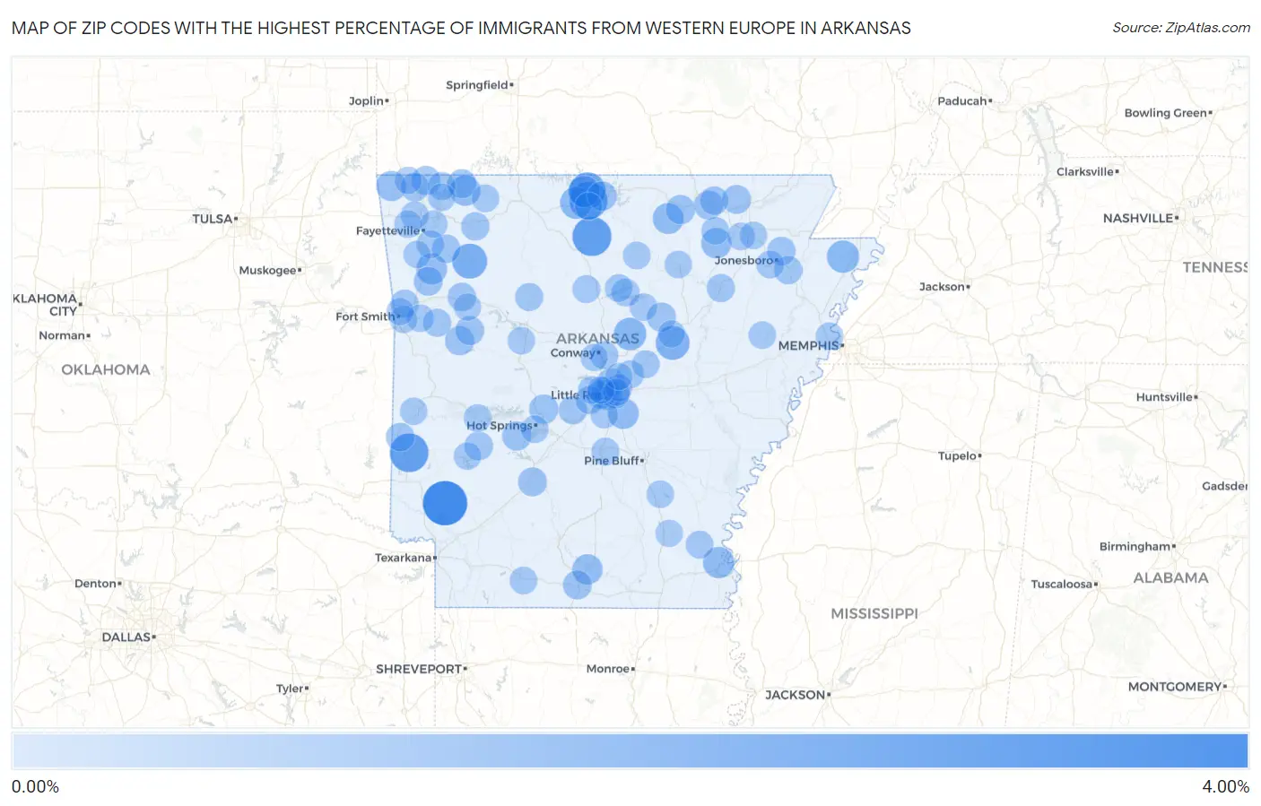 Zip Codes with the Highest Percentage of Immigrants from Western Europe in Arkansas Map