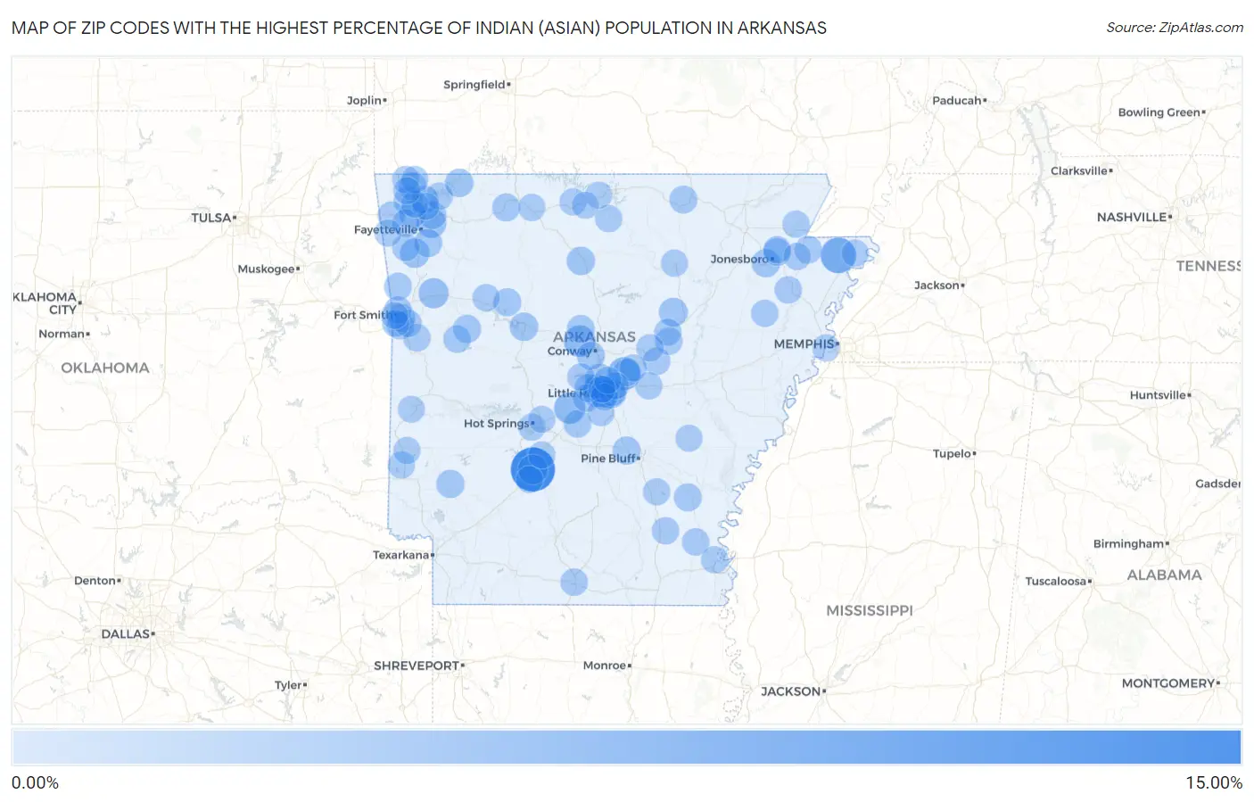 Zip Codes with the Highest Percentage of Indian (Asian) Population in Arkansas Map
