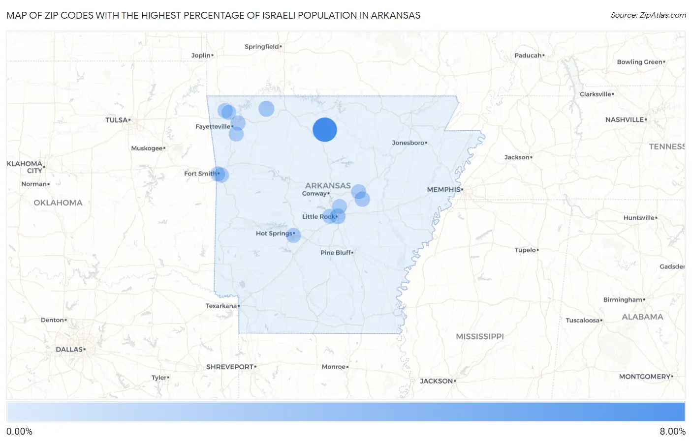 Zip Codes with the Highest Percentage of Israeli Population in Arkansas Map